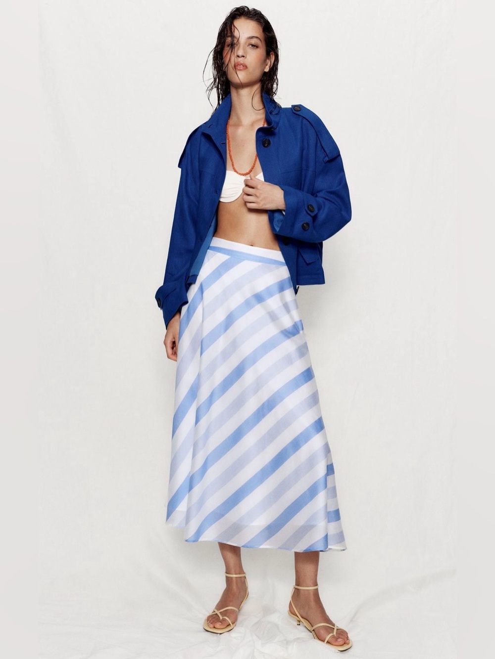 Zara NWT Blue & White Striped Flowy Maxi Skirt | Resort Vacation Style